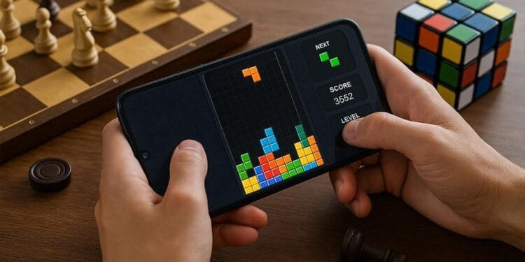 Pessoa jogando Tetris no celular ao lado de tabuleiro de xadrez e cubo mágico, representando jogos clássicos.