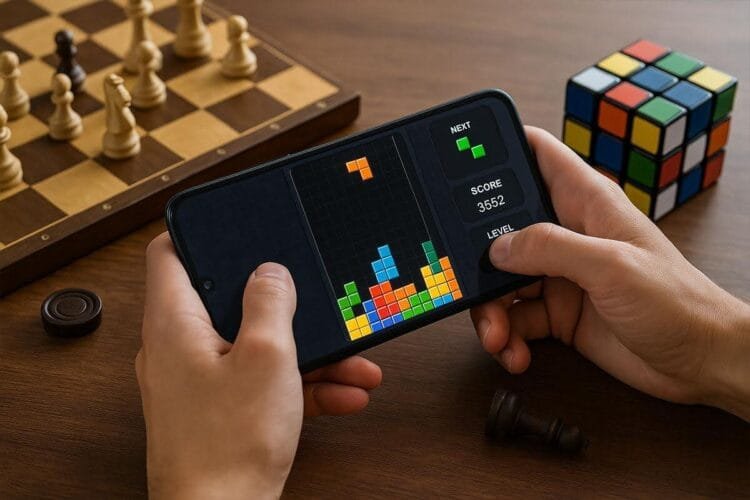 Pessoa jogando Tetris no celular ao lado de tabuleiro de xadrez e cubo mágico, representando jogos clássicos.